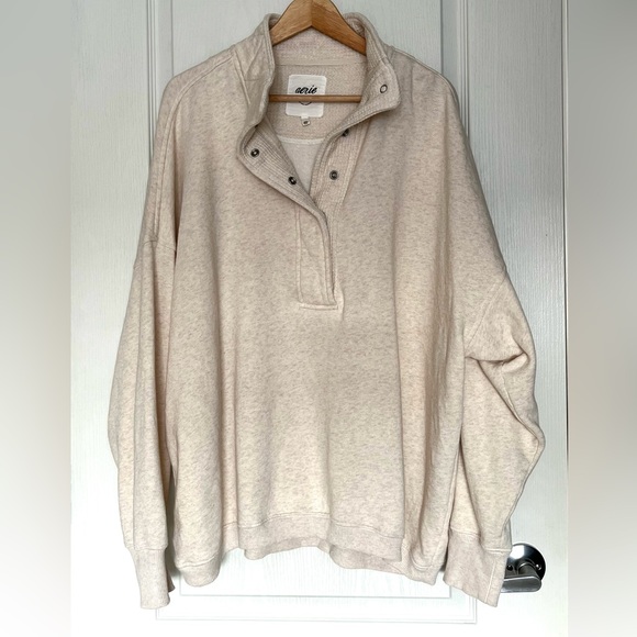 Aerie Oh Snap! Sweater Natural Cream Cozy Fleece Oversized Loungwear Relaxed Fit - Picture 3 of 16